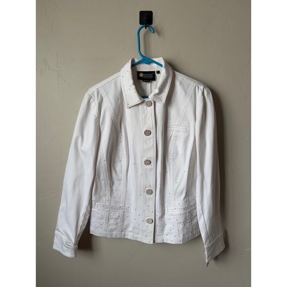 Christine Alexander White Denim Jacket Embellished Swarovski Crystal Rhinestones - Picture 2 of 6